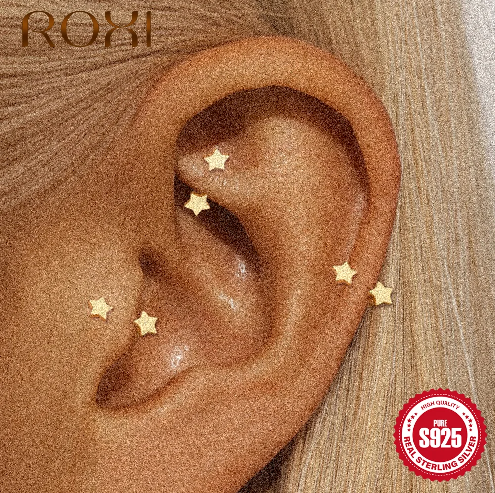 ROXI 1PC Gold S925 Silver Tiny Floral Star Tragus Stud Multi CZ Cartilage Piercing Ins Chic Earring Daily Party Wear