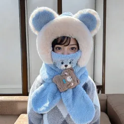 Winter Children One Piece Scarf Hat+Mask Cute Cartoon Baby Ear Protection Cap 1-6year Kids Plush Cross Neckerchief Warm Beanies