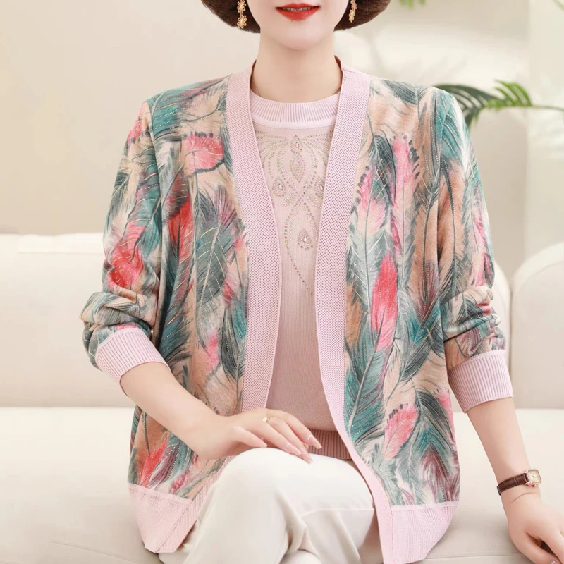 

Print Two Pieces Sets Sweater Women Spring Autumn Mother Sweater Pull Femm T-shirt+ Cardigans Suit Sweater For Women