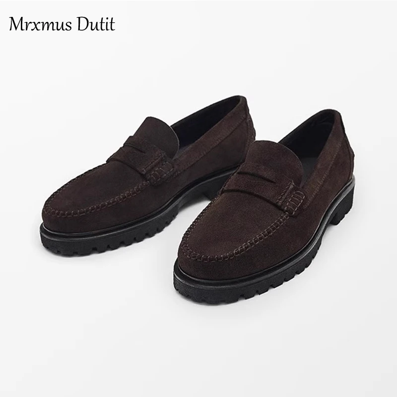 Mrxmus Dutit 2023 Autumn Fashion Men New Genuine Leather Suede Flat Loafers Commute Slip-on Shoes Solid Casual Simple Male Chic