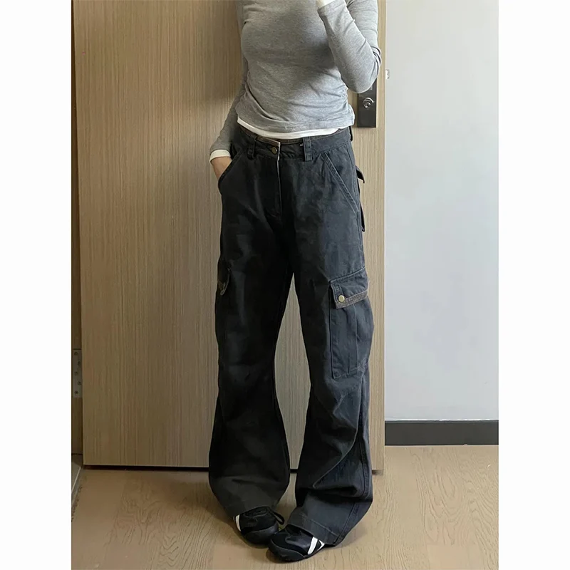 American Multiple Pockets Cargo Jeans Women Vintage Patchwork Design Gray Wide Leg Denim Pants Cool Punk Baggy Straight Trousers