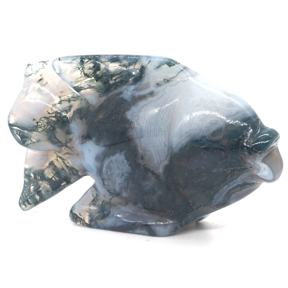 Fish Figurine Crystal Carved Stone Animal Statue Natural Green Moss Agate Healing Reiki Home Office Decor Gifts 2.28