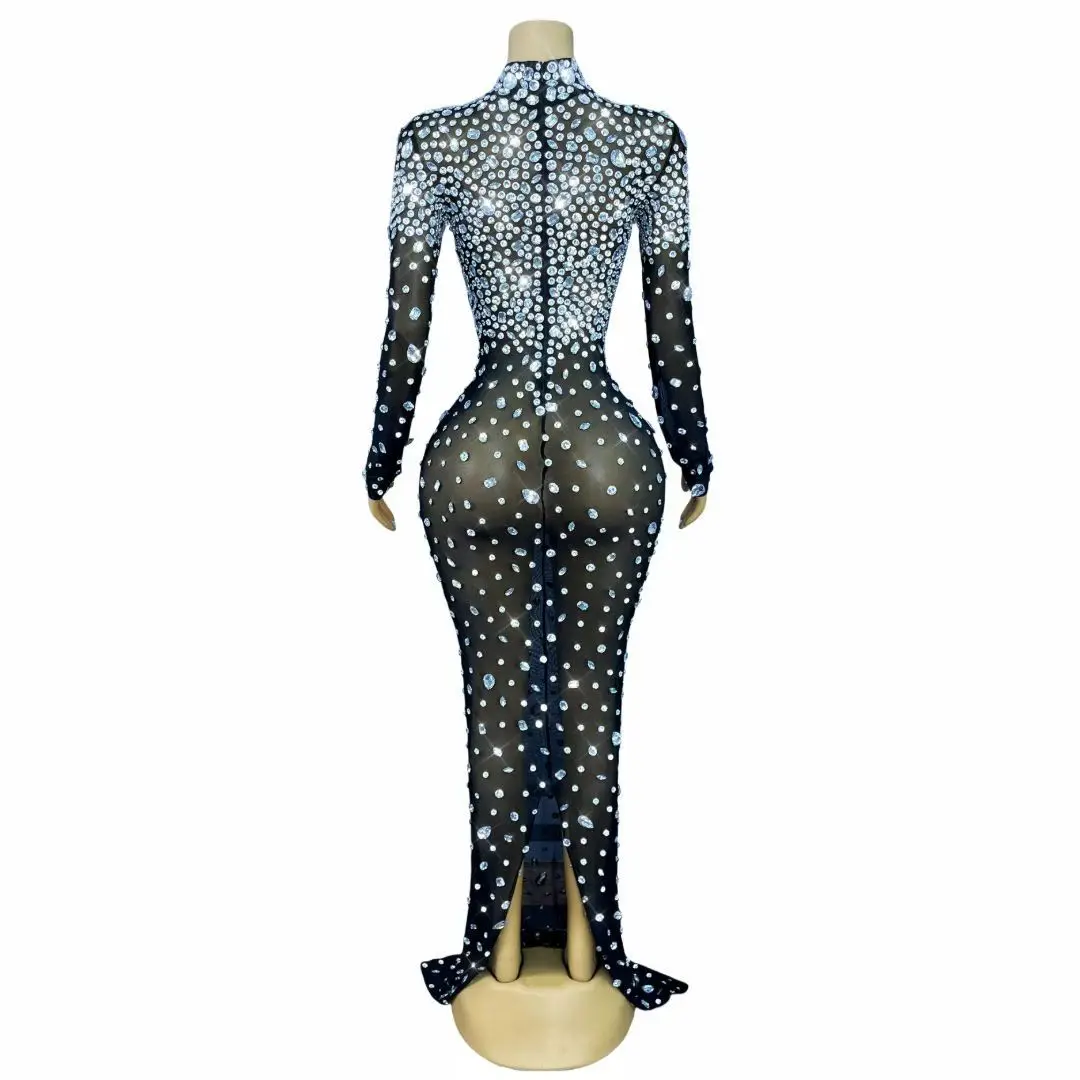 Dashuijing-vestido de noche elegante de gama alta para mujer, vestido de malla con perspectiva Sexy plateada y diamantes, vestido de cóctel para banquete de cumpleaños