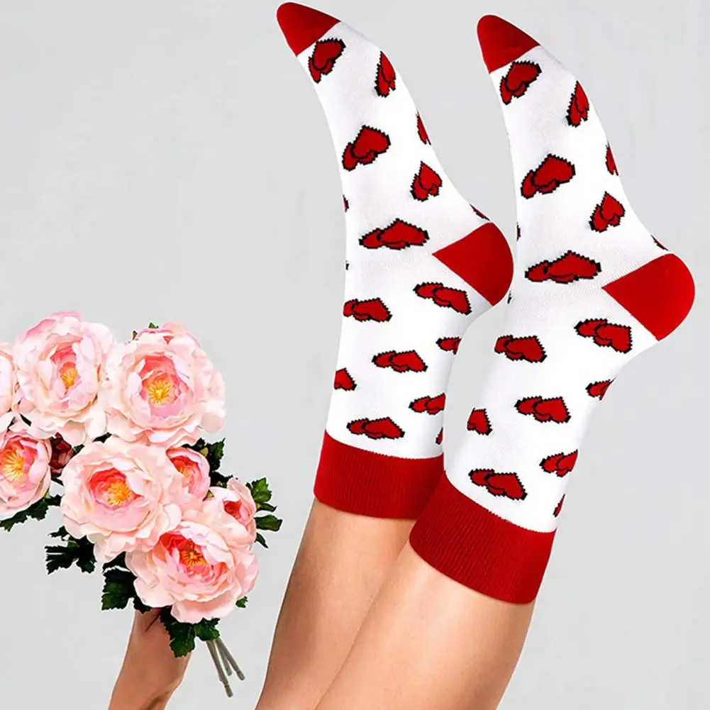 Cotton Socks Valentines Day Gift Lip Print Cotton Couple Socks Mid-tube High Elasticity Anti-slip Soft Warm Unisex for Fall