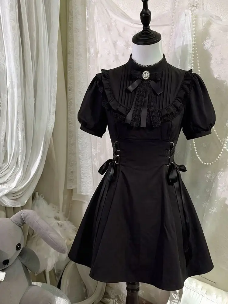 SOIOMES Japanese-style doll-inspired gothic-style dress with drawstring and puff sleeves, black Lolita short skirt