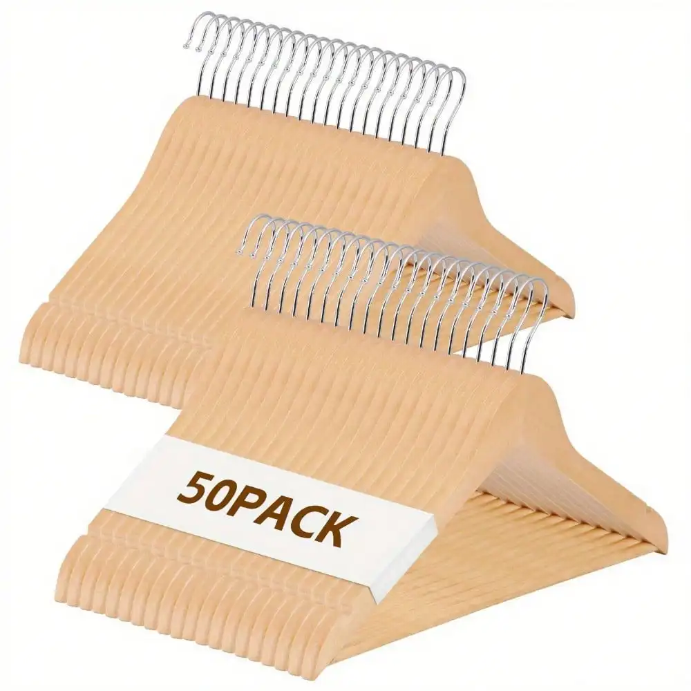 

Premium Wooden Hangers 50 Pack Non-Slip Coat Clothes Hangers w/360° Swivel Hook