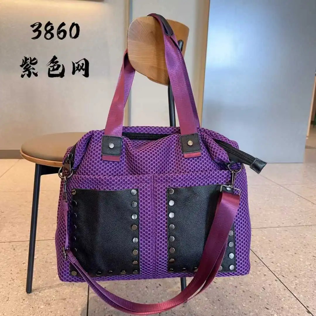 

New Women's Casual Handbag With Mesh Fabric and Leather Shoulder Bag Fashion Rivet Tote Bag Large Capacity Crossbody Bag