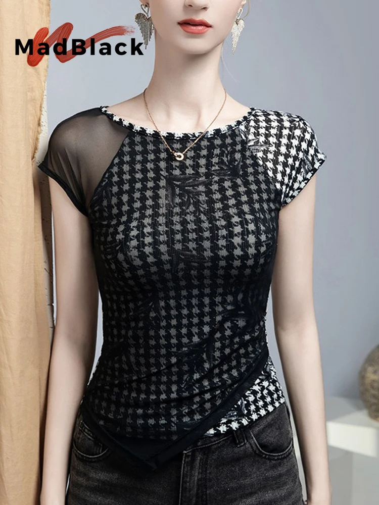 MadBlack-Women European T-Shirt, Sexy O Neck Houndstooth, Streetwear Short Sleeve Slim Fake 2 Pieces Tee, 2026 Summer T67369CC