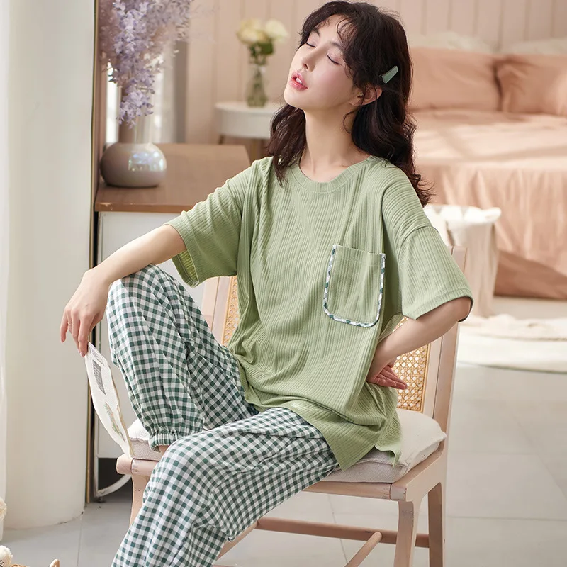 New Sleepwear Cartoon Cotton Pajamas for Women Long Pants Short Sleeved Summer Spring Loungewear Fashion Home Clothing Homewear