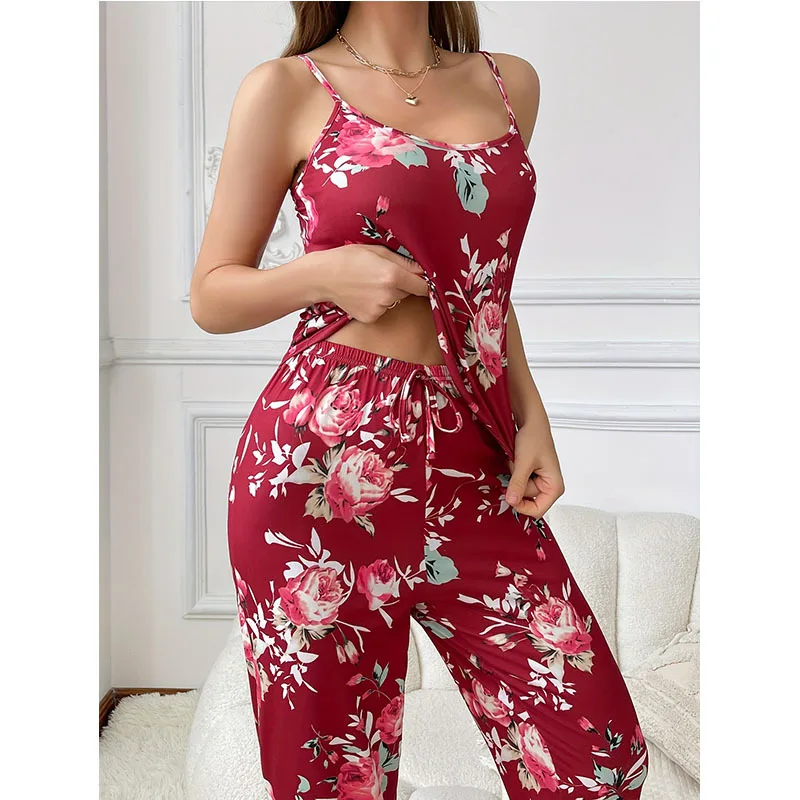 

Elegant Women's Camisole Pajama Set Satin Vintage Floral Print Top And Long Pants Casual Home And Outdoor Wear Summer Comfy Pjs