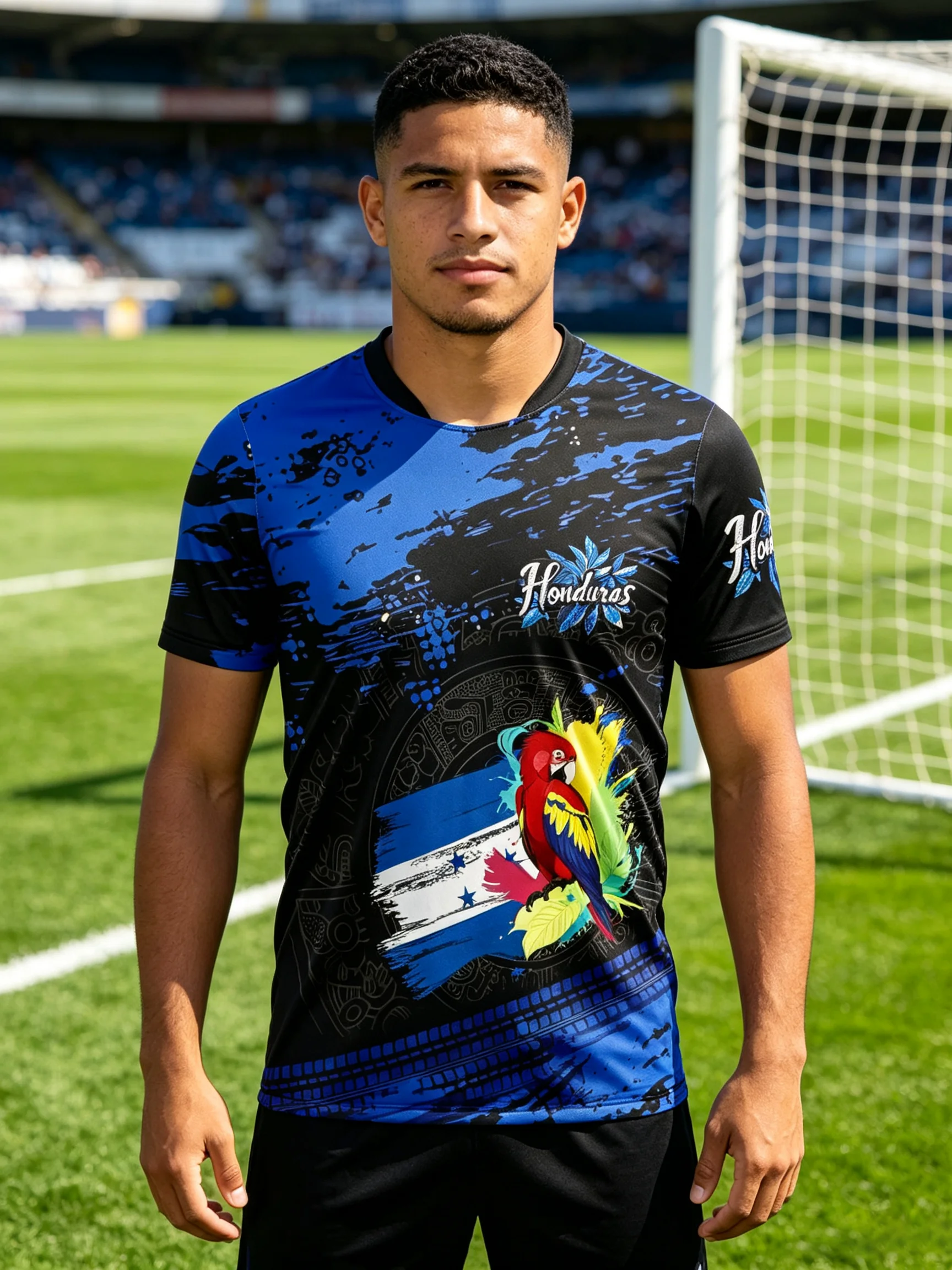 Black‑blue splash‑effect Honduras soccer jersey decorated with national flag, colourful parrot and floral prints