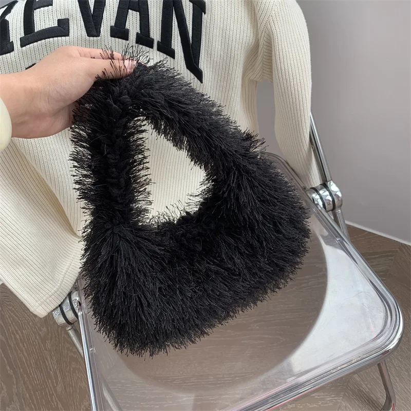 Candy Color Women\'s Soft Plush Shoulder Bags Winter Faux Fur Ladies Hobos Purse Handbags Female Fluffy Underarm Bag Small Tote