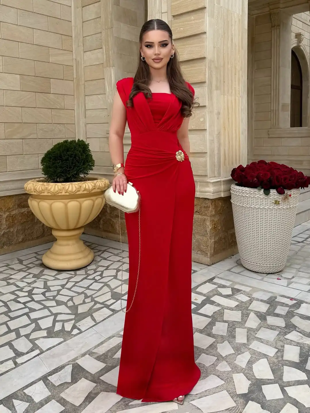 Elegant Red Satin Gown with Sweetheart Neckline, Gold Brooch Detail & Flowy A-Line Silhouette for Women