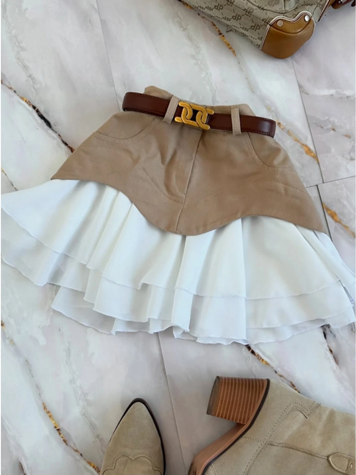 High Waist ort Denim Skirt with Lace Hemline Briti Sle Commute A-Line Skirt Polyester Material f Body Skirt