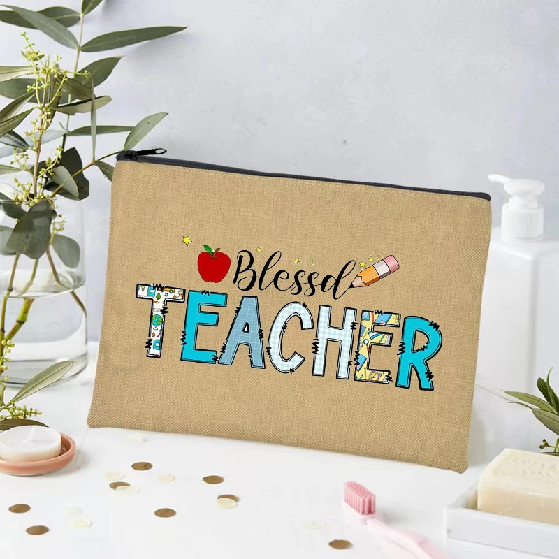 Thank You Teacher Gift Makeup Bag Eco Linen Cosmetic Kit Storage Organizer Travel Toiletry Pouch Ziplock Side Bag for Ladies