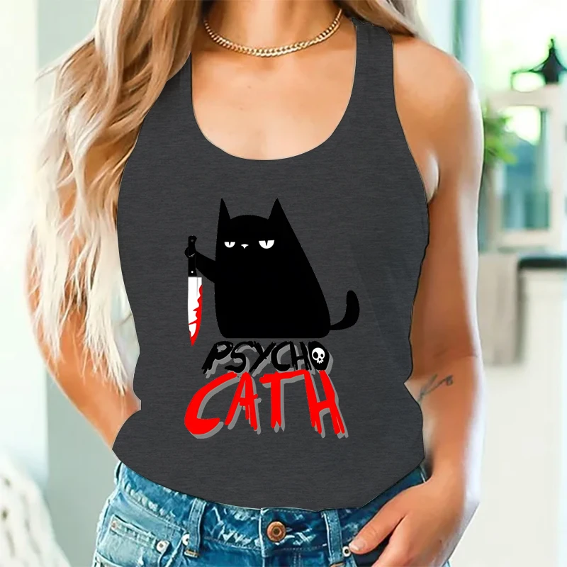 Funny Psycho Cat Graphic Tank Top Women Halloween Cat Knife Blood Clothes for Women Black Cats Funny Gifts Woman Racerback Tanks