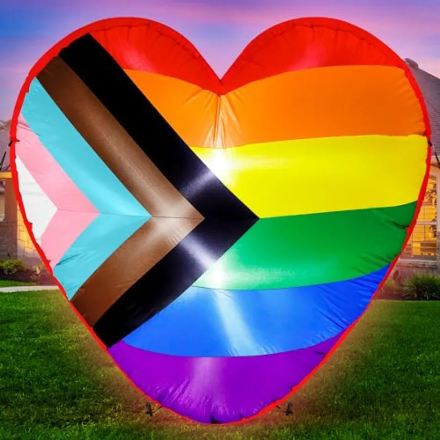 

Pride Month yard decoration: 4 FT inflatable heart with LGBT Progress Flag, rainbow LED lights, vinyl material, vibrant multico