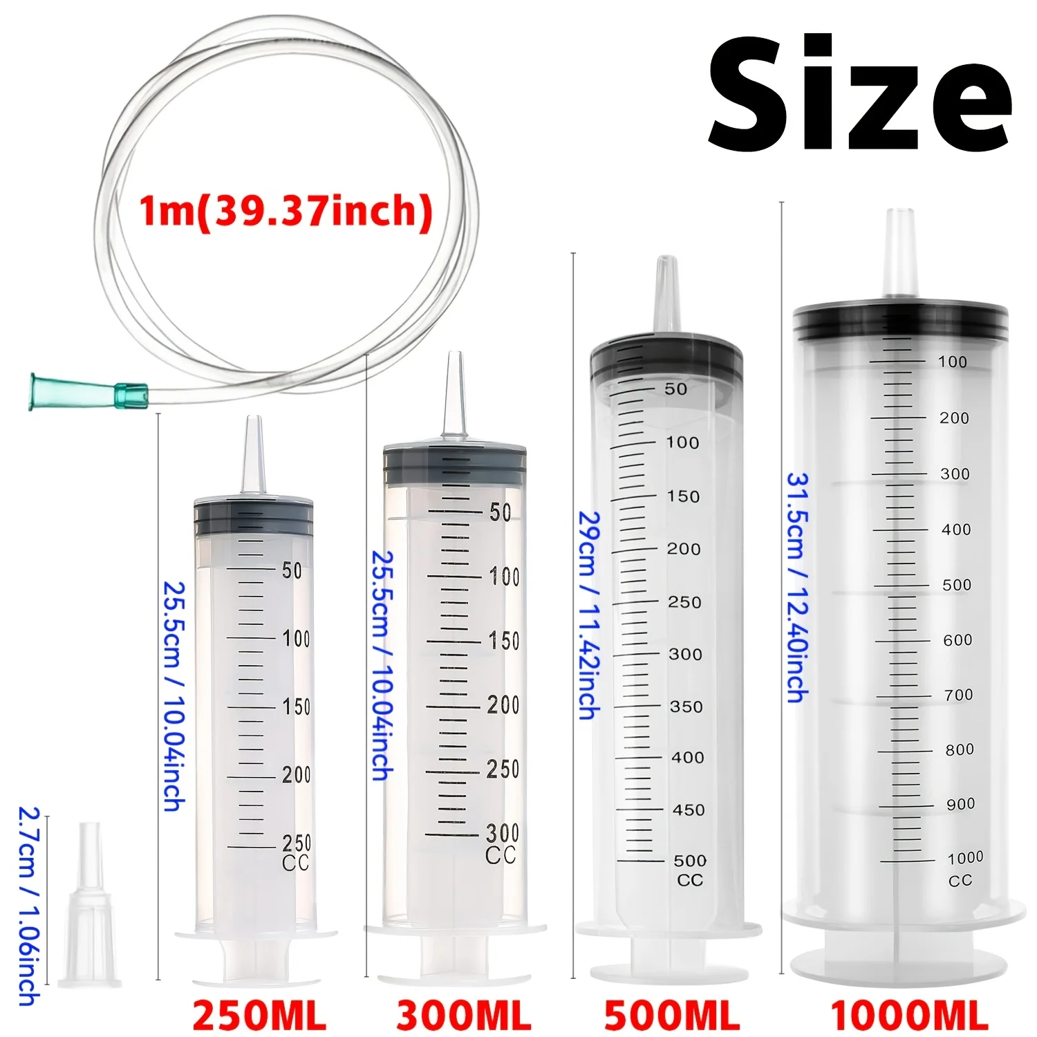Großvolumiges Spritzen-Set mit 3 Teilen, 250/300/500/1000 ml, mit 1 39,37-Zoll-Schlauch und 1 Adapter, geeignet für den Flüssigkeitstransfer im Labor, den Benzintransport, die Bewässerung von Blumen und Pflanzen, die Tierfütterung und den Flüssigkeitstransfer in Aquarien – Detail 2
