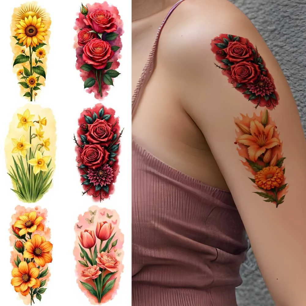 

New Waterproof Temporary Tattoos for Women Beautiful flowers Art Arm Fake Tatoo Stickers Wolf Crown Body