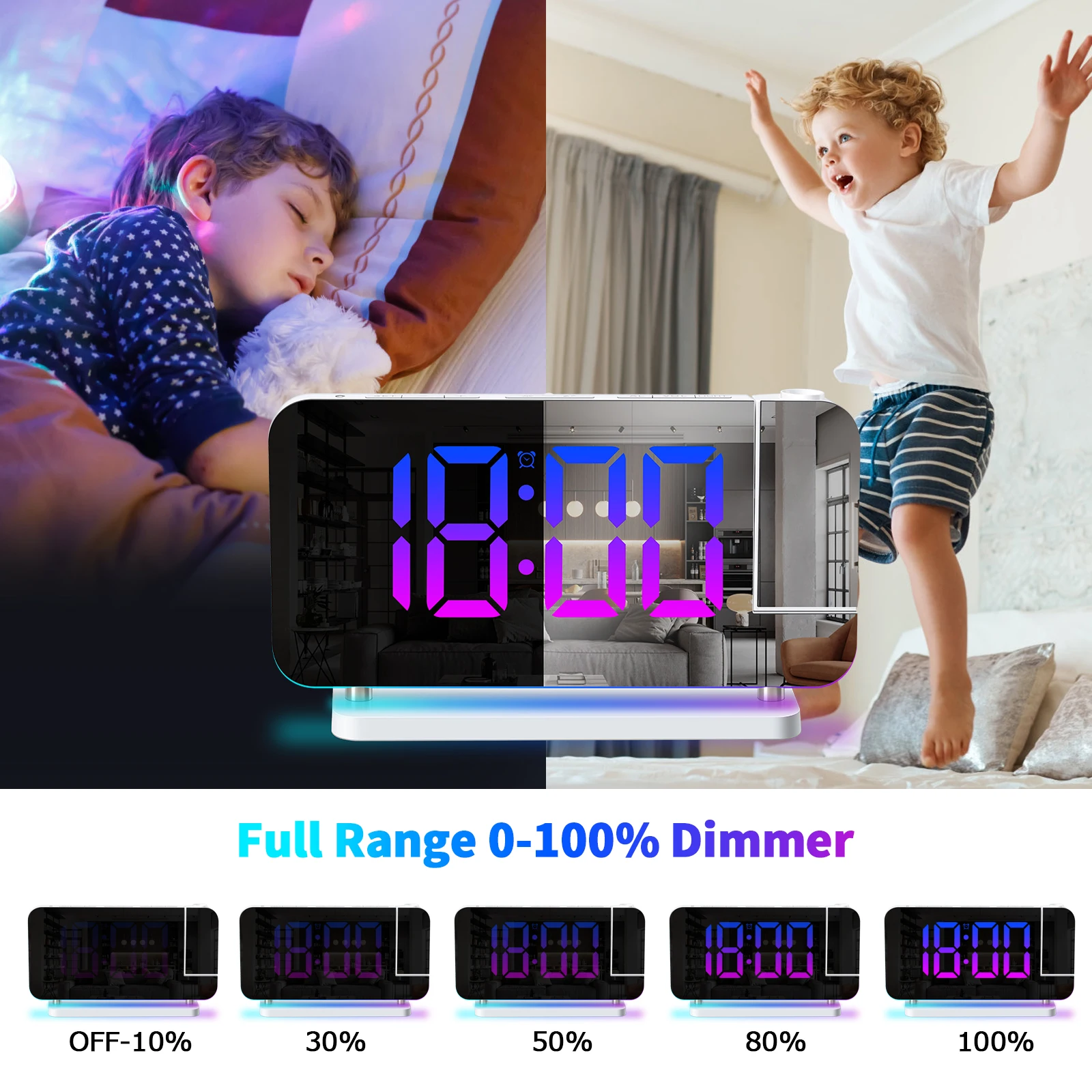 Projection Alarm Clock for Bedroom 7-inch RGB Colorful LED Digital Clock with Mirror Surface 6-level Brightness Dimmer Projector