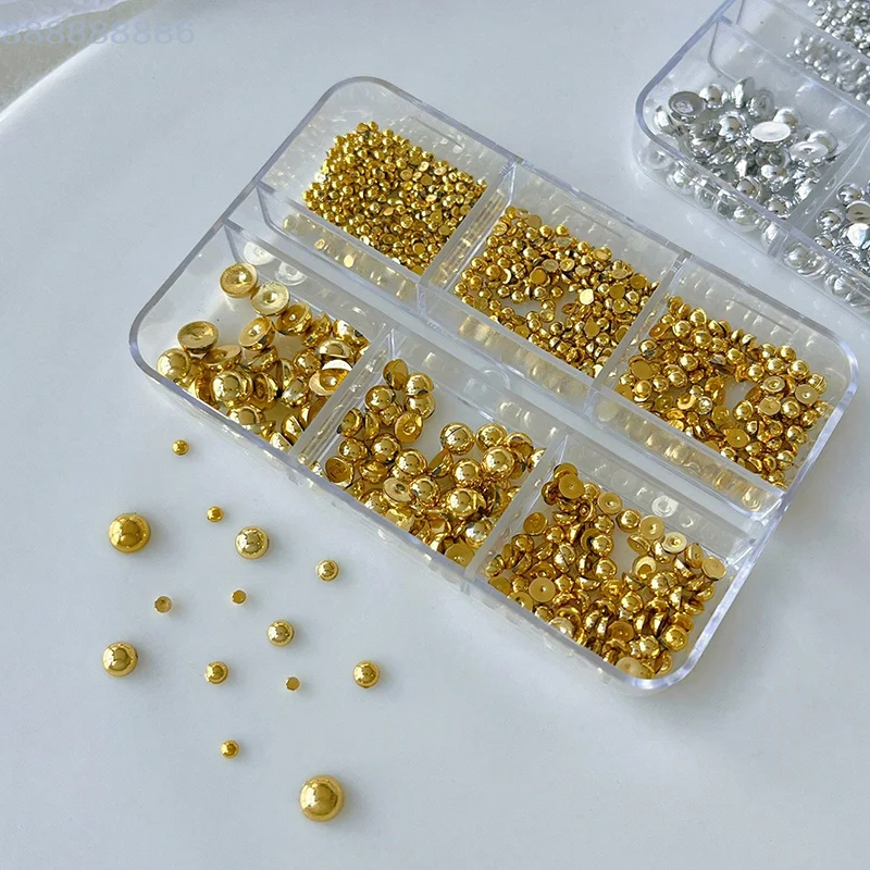 Metalowe nity ozdobne do manicure, 6 przegródek, 3D złote srebrne półokrągłe kulki, ozdoby do paznokci.