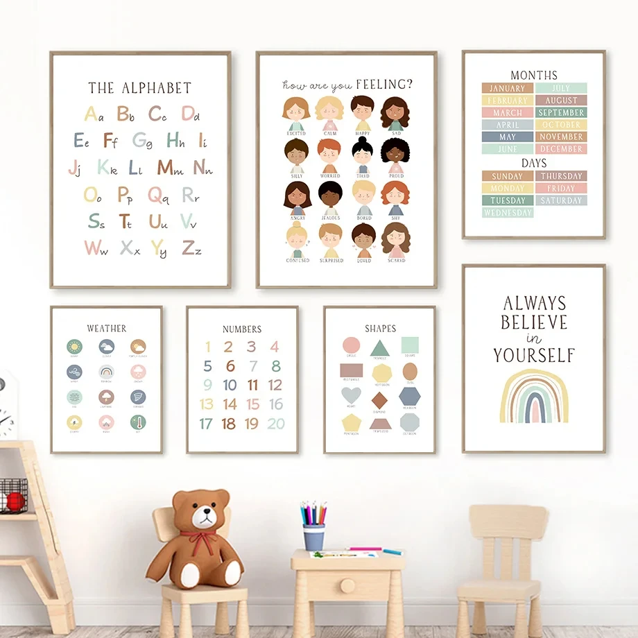 

Alphabet Number Color Shape Feeling Nursery Education and Prints, Wall Art, Canvas Painting, Posters, Pictures, Baby Kids Room D