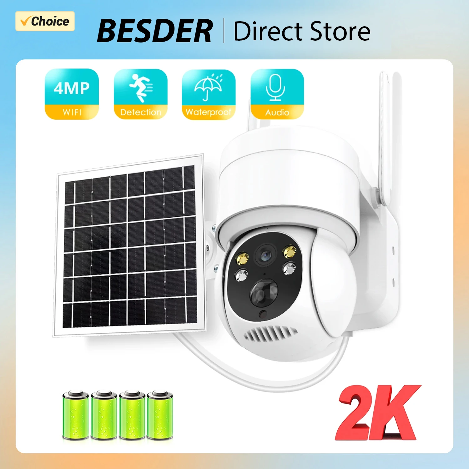 4MP WIFI Solar Camera PIR Human Detection Outdoor Security With Solar Panel PTZ Surveillance Camera iCsee Rechargeable Battery