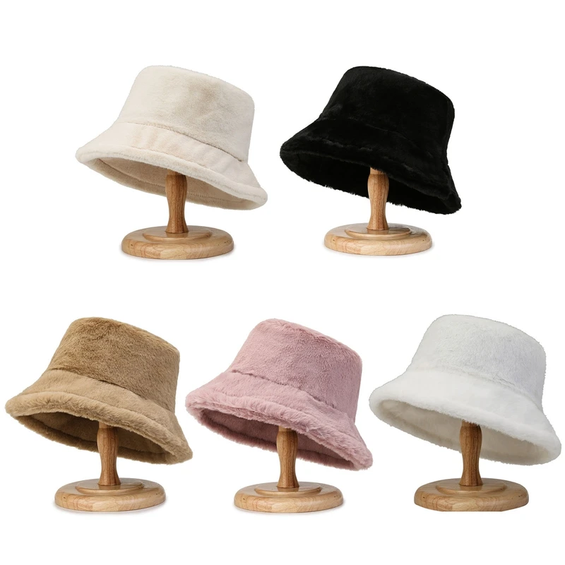 Fashion Women Fluffy Fur Bucket Hat Winter Warm Soft Plush Fisherman Panama Cap Femme Vintage Bob Sunbonnet Visors Gorro