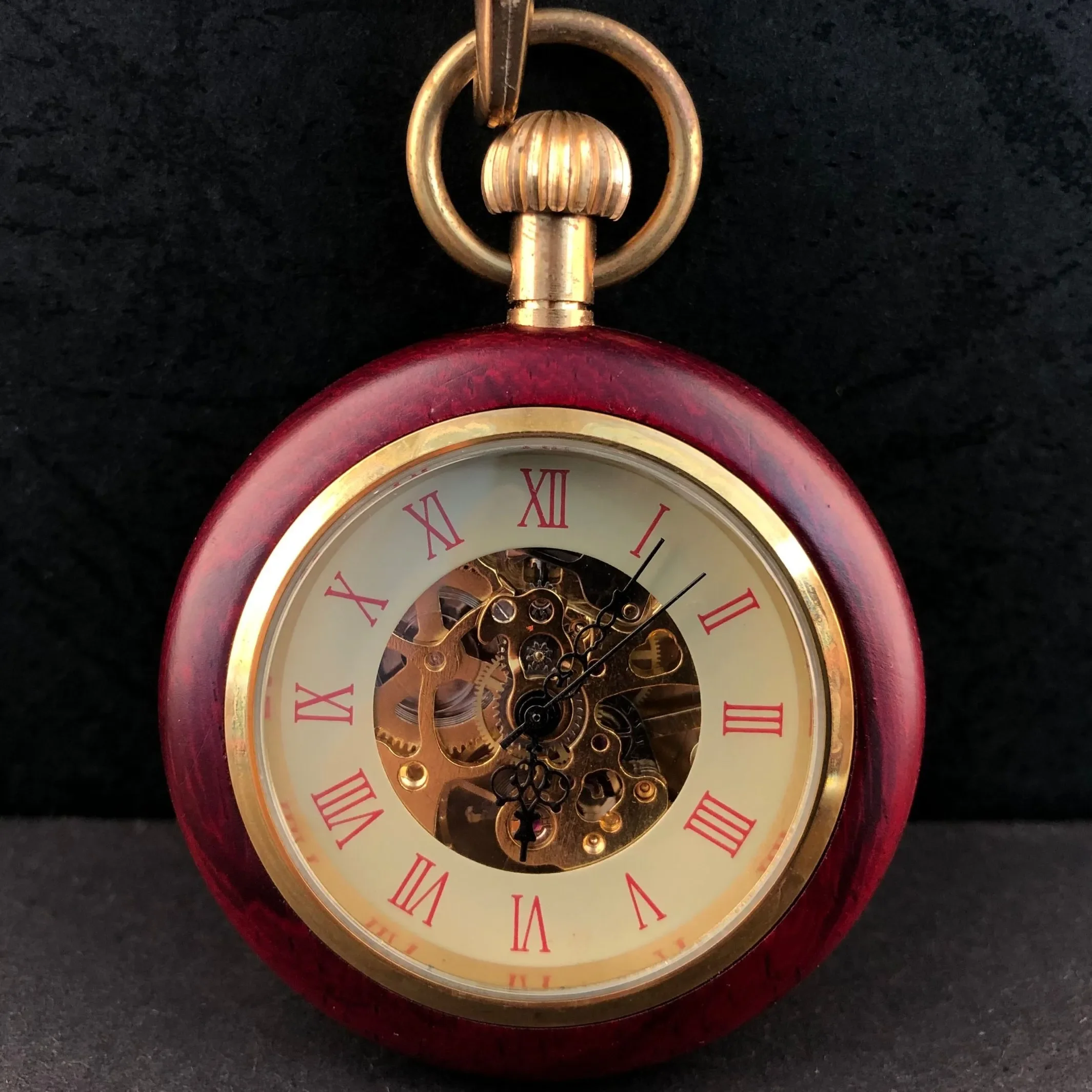 Red Wooden Mechanical Pocket Watch  Open Face Pendant Pocket Pendant Clock Luxury Watch for Men Women with 30cm Bronze Chain