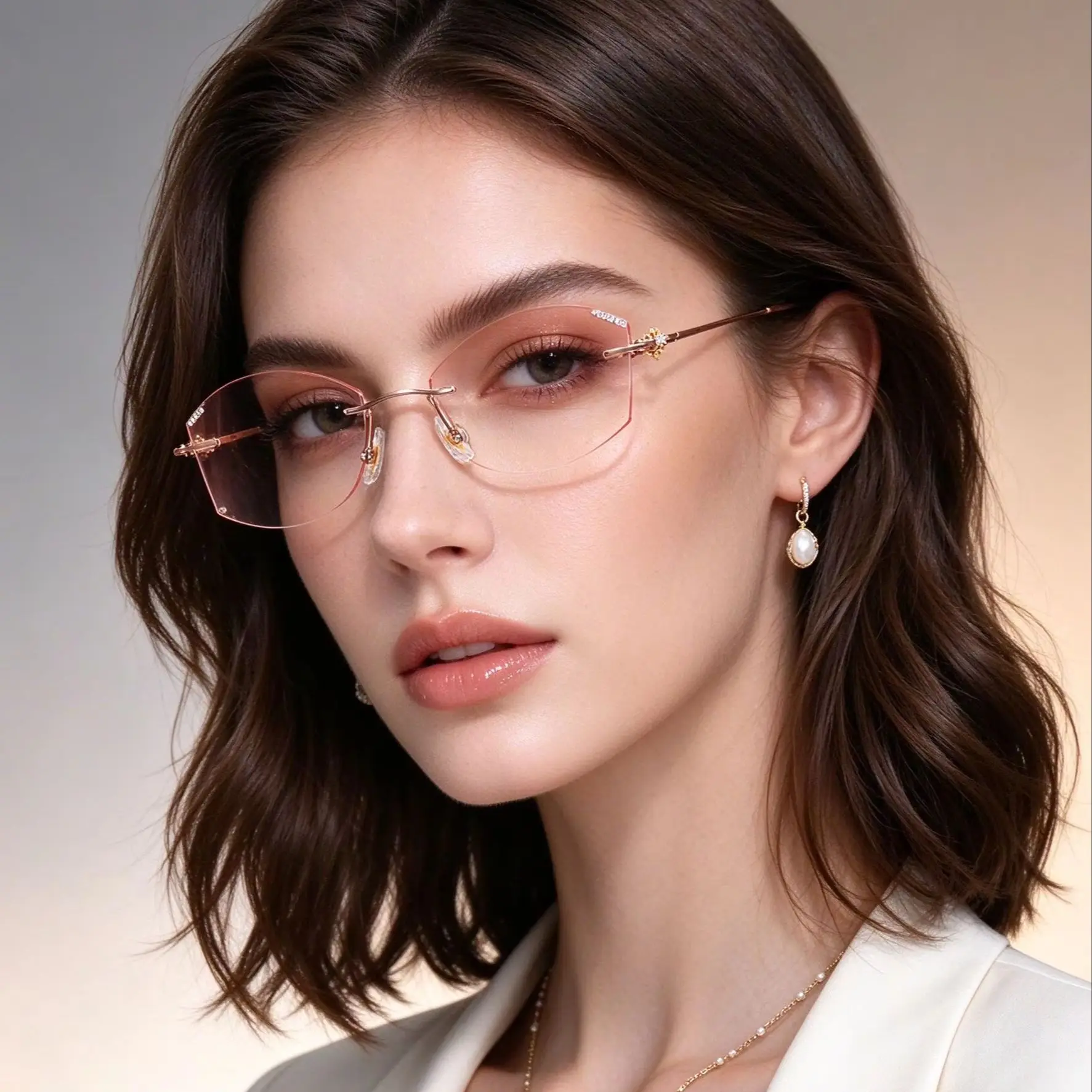 Women Rimless Glasses Diamond Fashion Dyeing Color Lenses MR-8 Scratch-Resistant Prescription Recipe Anti Reflection Progressive