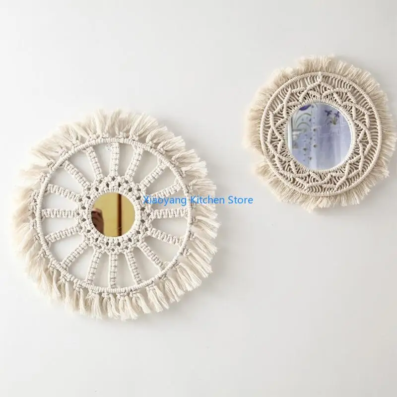 69HC Hanging Wall Mirror with Macrame Fringe Round Boho Mirrors Art Decor for Entryways Apartment Living Room Bedroom Bathroom