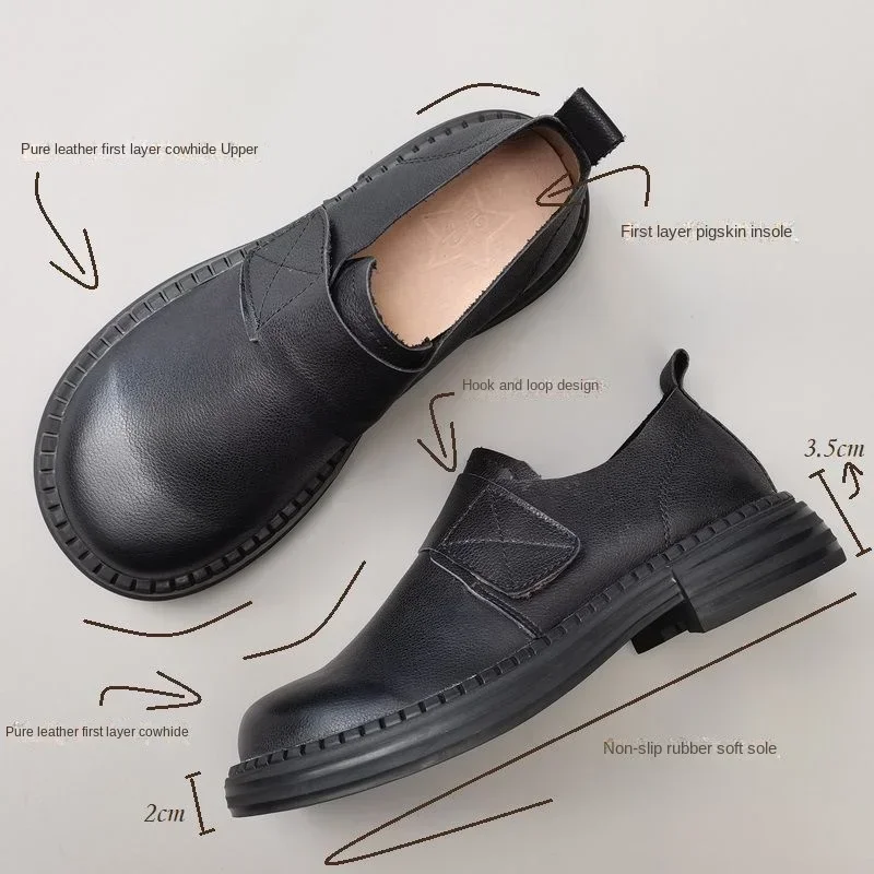 Autumn Genuine Leather Wide Toe Shoes Women\'s Loafers British Oxford Original Cowhide Soft Flat Student Uniform Leather Shoes