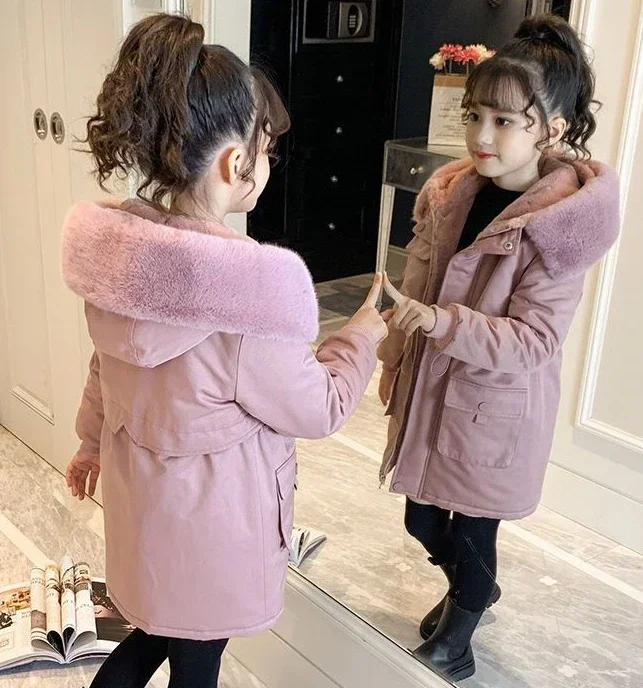 Girls Cotton Jacket Winter 2024 New Childrens Fashion Plush Thickened Style Overcomes Girls Cotton Jacket