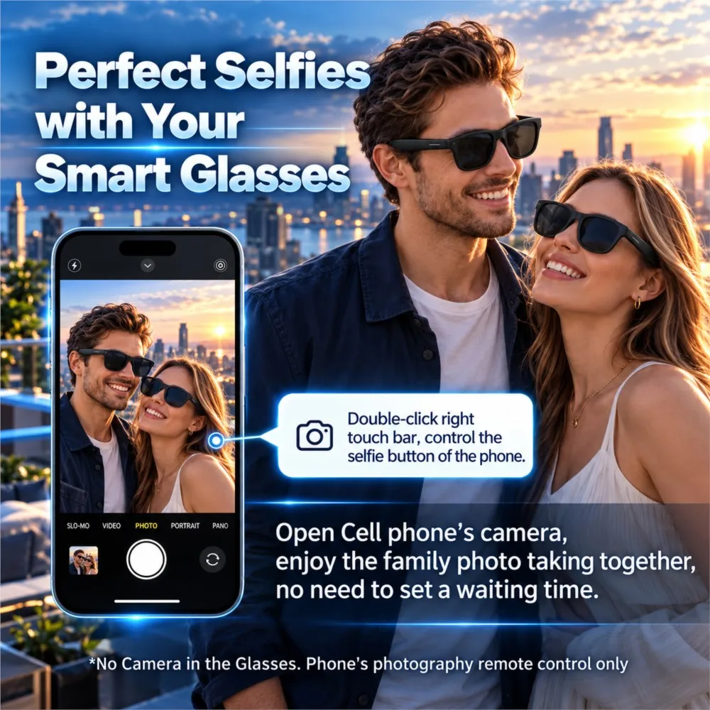 Smart Audio Glasses Bluetooth Wireless Headset Hands-Free Call Voice Assistant Touch Control Selfie Driving Travel Anti Glare