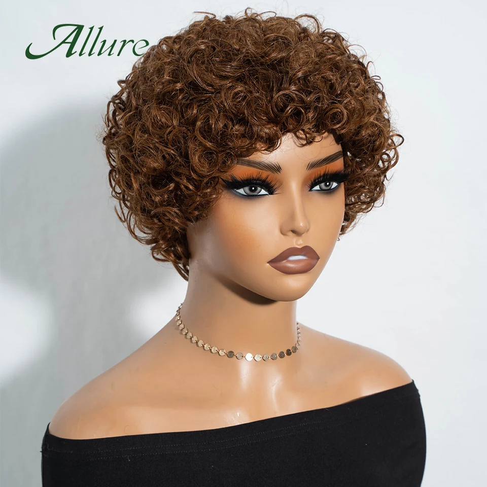 Pelucas de cabello humano brasileño Jerry para mujeres negras, pelo corto Pixie Afro rizado con flequillo, color marrón, Allure