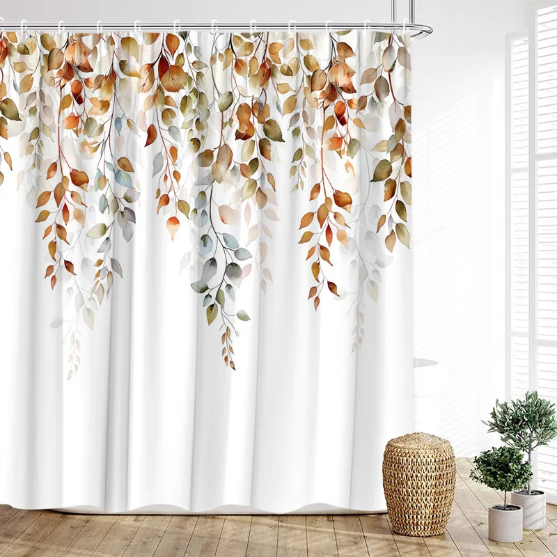 Autumn Leaves Shower Curtains Watercolour Eucalyptus Leaf Plant Modern Minimalist Fabric Bathroom Curtain Decorative With Hooks