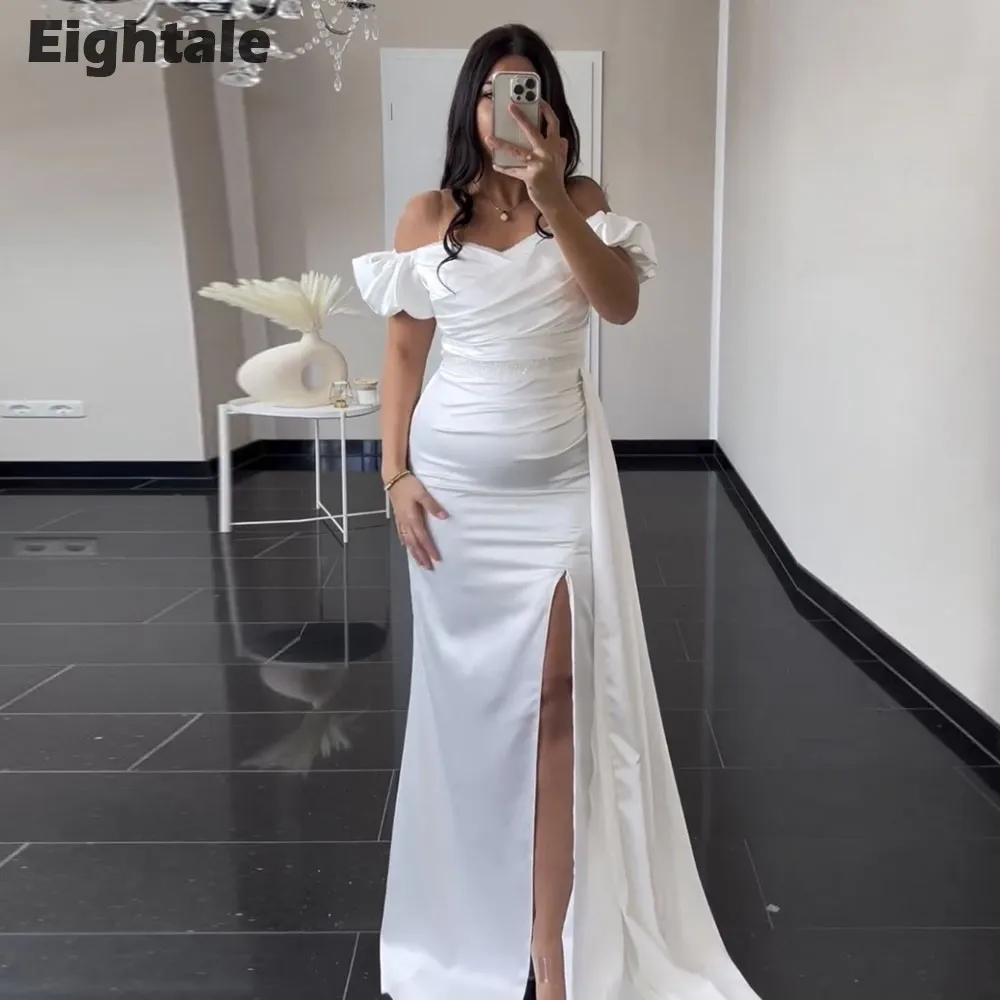 

Eightale Arabic Evening dresses Mermaid Off the Shoulder Pleats Satin Side Slit White Prom Wedding Party GownsRobe De Soirée