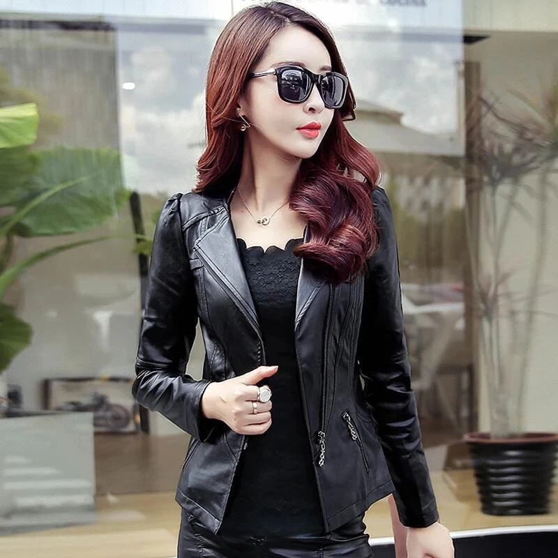 Fashion jaket kulit wanita, jaket sepeda motor hitam warna cerah, jaket pengendara sepeda motor kulit imitasi pendek wanita