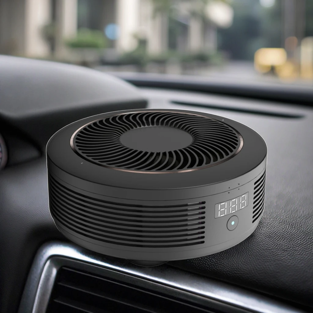 Portable electric mini car air purifier with H11 Hepa filter, CADR 50 m3/h air freshener, includes cigar adapter, USB/car port.