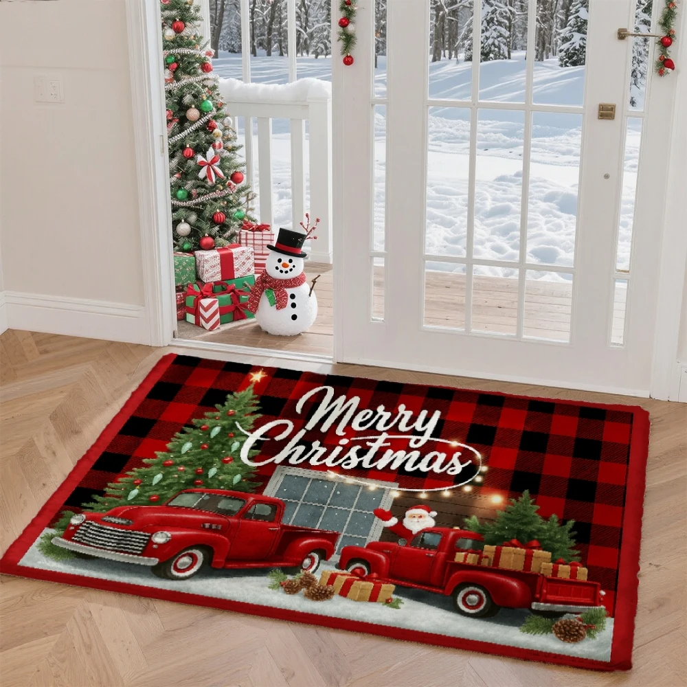 Of 1, 2, Or 3 Door Mats Featuring a Christmas Welcome Design, Suitable for The Kitchen Or Bathroom. This Flannel Mat Showcases a Red Plaid Pattern with a Christmas Truck, Making It a Wonderful Gift for Housewarming, Halloween