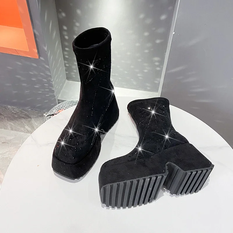 High-end Stretch Rhinestone Short Boots Women Autumn Winter Style Fashion Thick Soled Comfortable Boots Party Casual Shoes