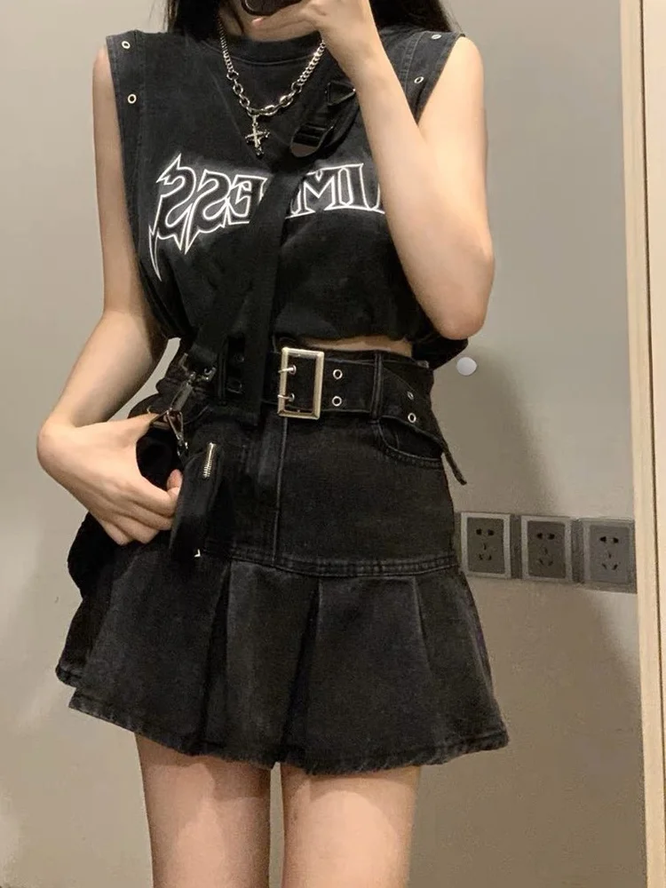 

Dopamine Boosting Hot Girl Denim Skirt Women's Summer plus Size American Retro High Waist A-Line Pleated Short Skirt
