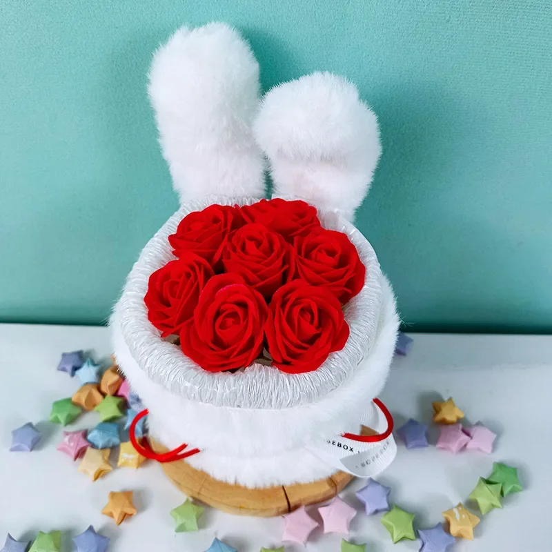 Scented Forever Artificial Rose Cute Rabbit Ears Flower Bouquet Wedding Valentines Day Mothers Day Teacher's Day Gift Home Decor