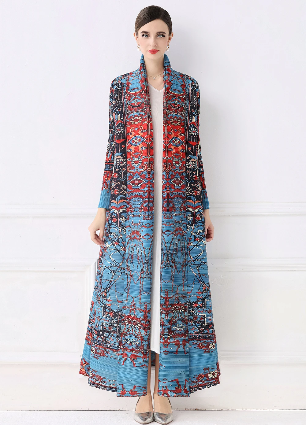 

Женский плиссированный плащ в стиле Мияке, осенний длинный плащ, высокая устойчивость формы, мусульманский кафтан на Ближнем Востоке, верхняя одежда с воротником с принтом