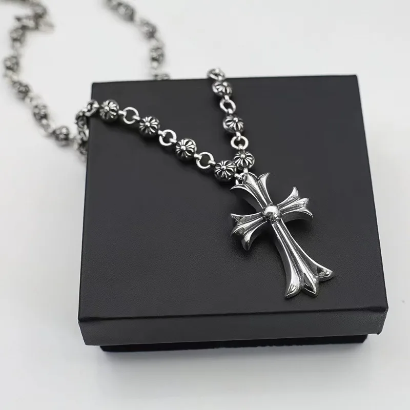 Thai Silver Flower Ball Made Old Cross Pendant Trend Hip Hop Necklace Niche Collarbone Men's and Women's Same Style