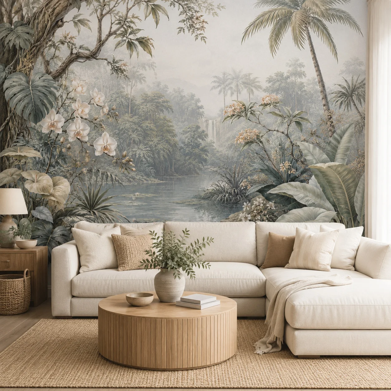 Vintage Tropical Rainforest Landscape Waterfall Wallpaper, Mural Background Wall Decoration, Requiring Glue