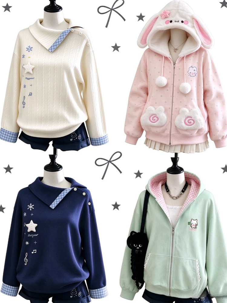 Vintage Cute Kawaii Daily Sweatshirts Female Autumn Japanese Y2k Casual Hooded Jacket Overcoat Chic Long Sleeve Loose Coat Women