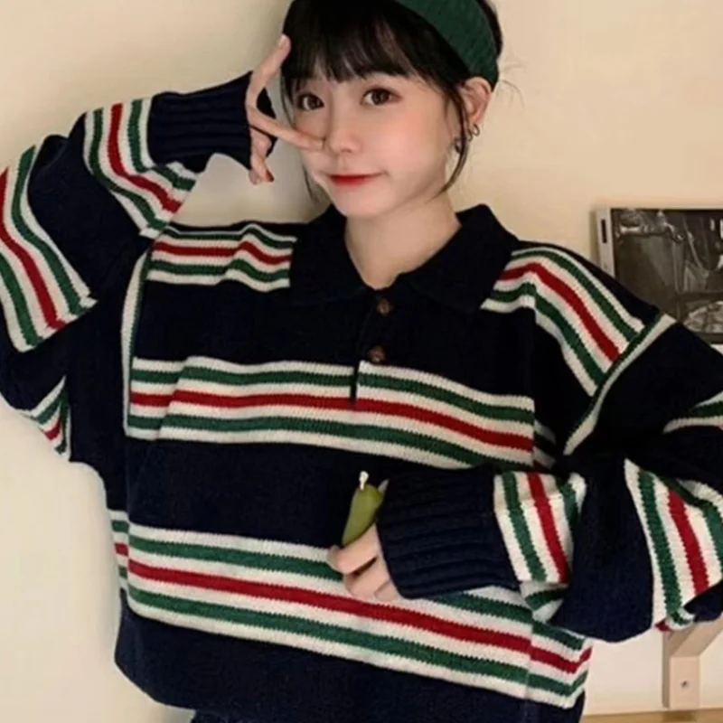 

Женский пуловер на осень и зиму, повседневный полосатый вязаный свитер из 100% шерсти, свободный топ с воротником-поло, корейская модная рубашка