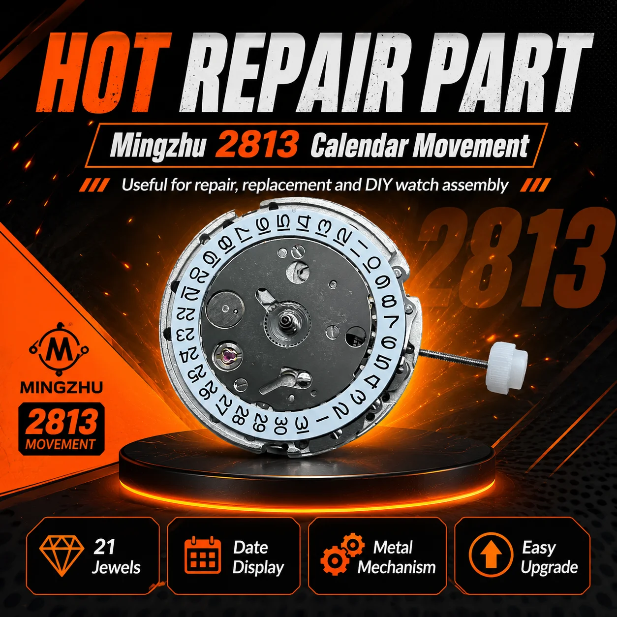 2813 Mingzhu Automatic Watch Movement 21 Jewels Calendar Display Clock Mechanism Repair Parts