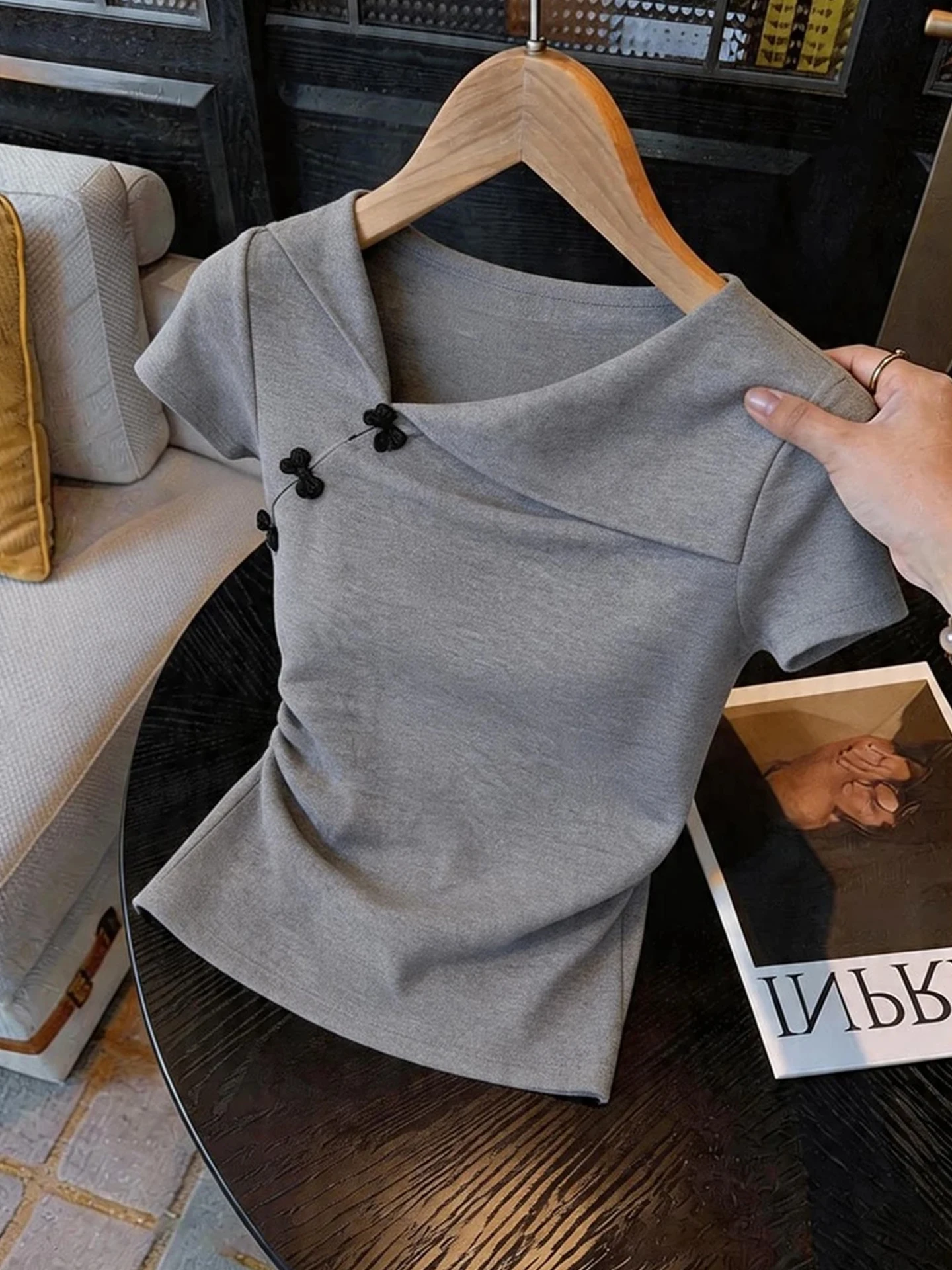 plus Size Grey Asymmetrical Collar Casual Short Sleeve T-Shirt Women Summer Waist-Cinching Slimming Top Comfortable Breathable